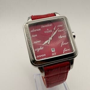 Visage Model 02122 Red Dial Silvertone Leather Band Watch Working New Battery